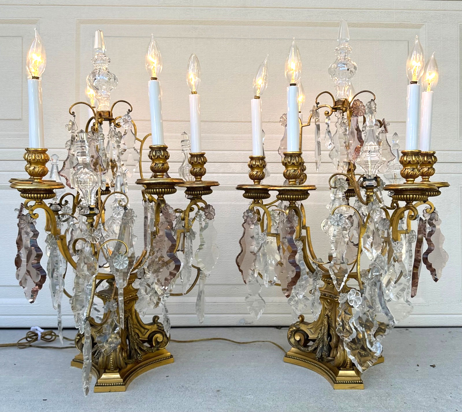 Pair 19th C. E.F. Caldwell Gilt Bronze & Baccarat Crystal Girandole Table  Lamps