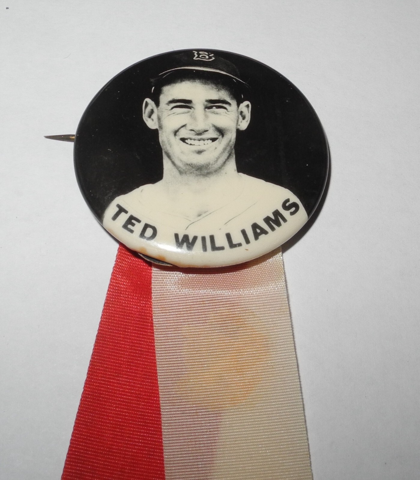 1940's Baseball Ted Williams Boston Red Sox Stadium Souvenir Pin Button Ribbon 1940's Baseball Ted Williams Boston Red Sox Stadium Souvenir Pin Button Ribbon