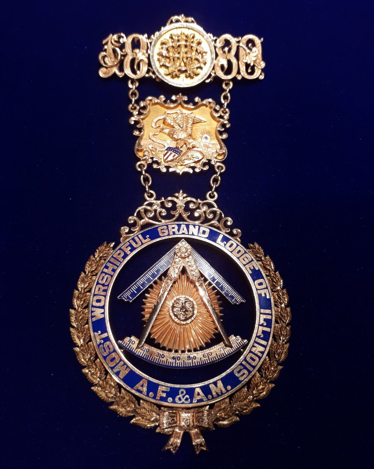 Heavy 1880 Masonic 3.5oz 14K Gold Grand Master's Jewel, Grand Lodge of Illinois