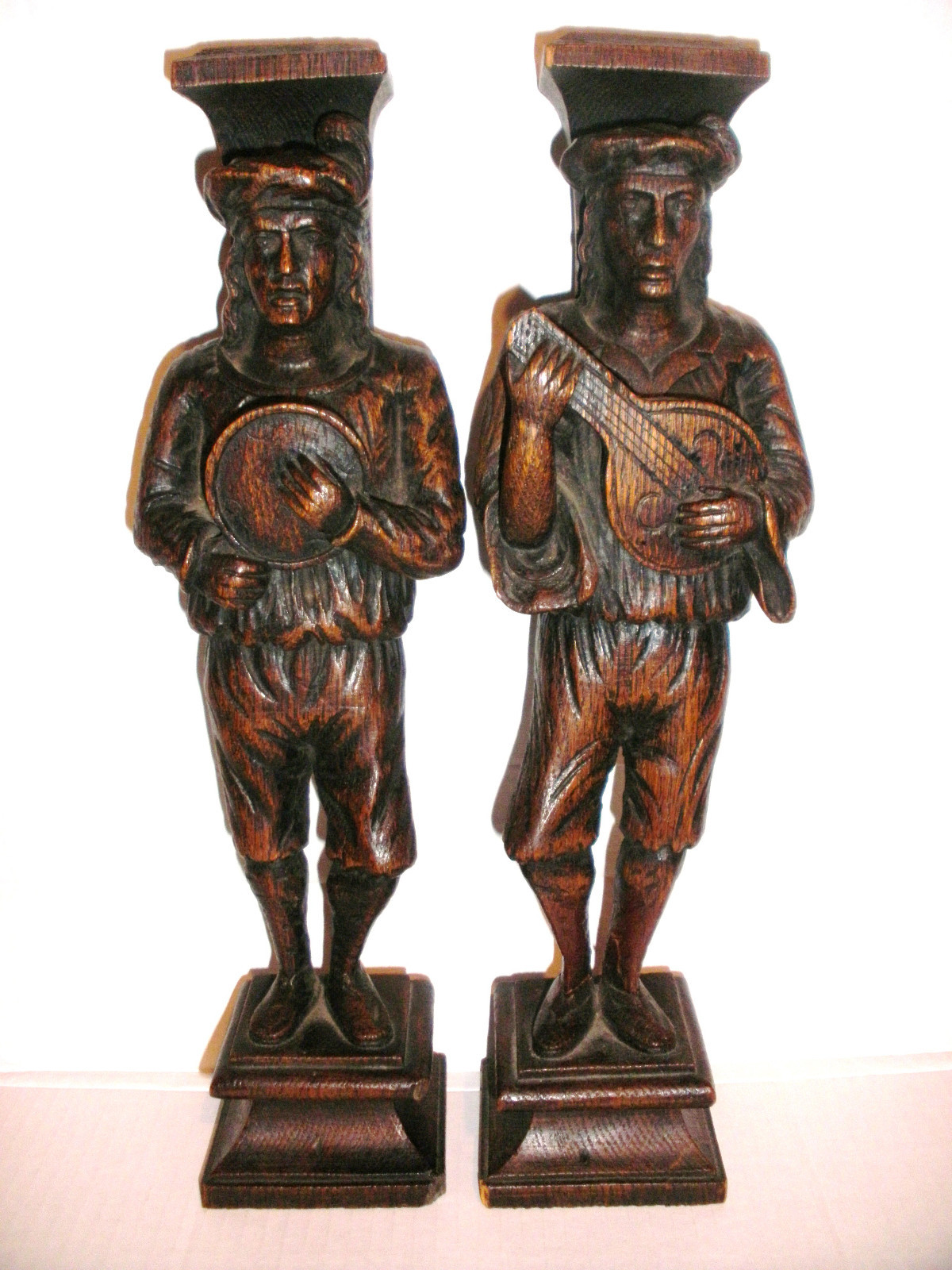 Pair Antique 18/19thc wood candlesticks figures mandolin player musician Italian Pair Antique 18/19thc wood candlesticks figures mandolin player musician Italian