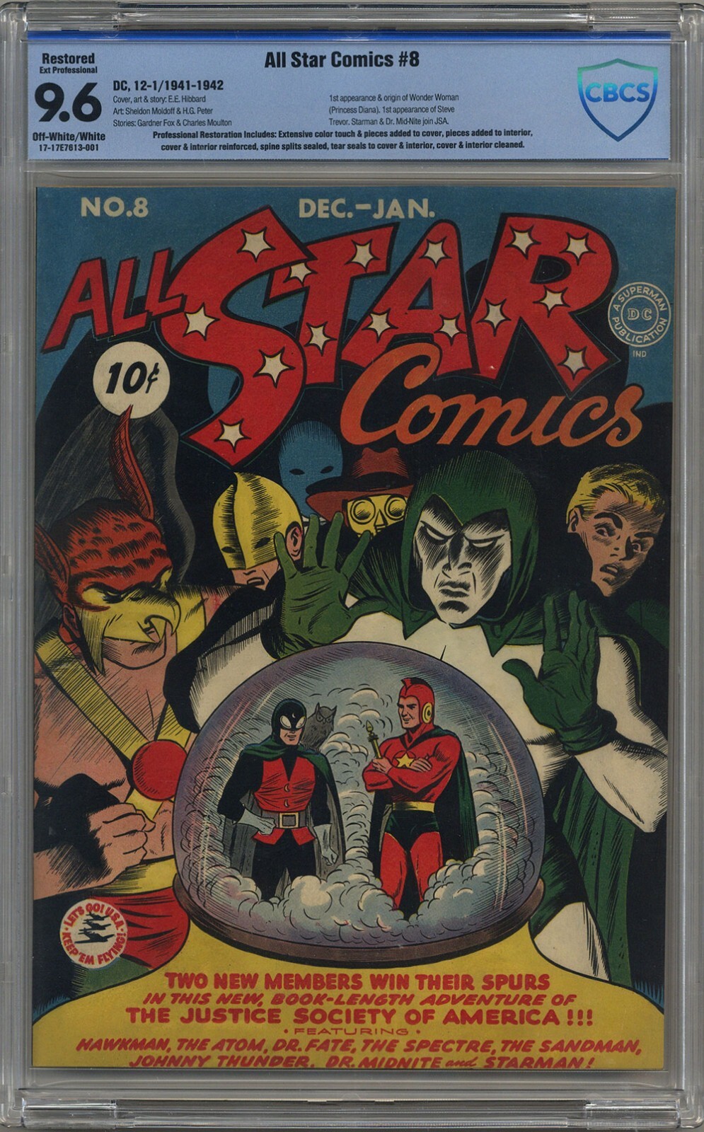 ALL STAR COMICS #8 CBCS 9.6 RESTORED 1ST APP WONDER WOMAN OW-WT PAGES 1942 CGC ALL STAR COMICS #8 CBCS 9.6 RESTORED 1ST APP WONDER WOMAN OW-WT PAGES 1942 CGC