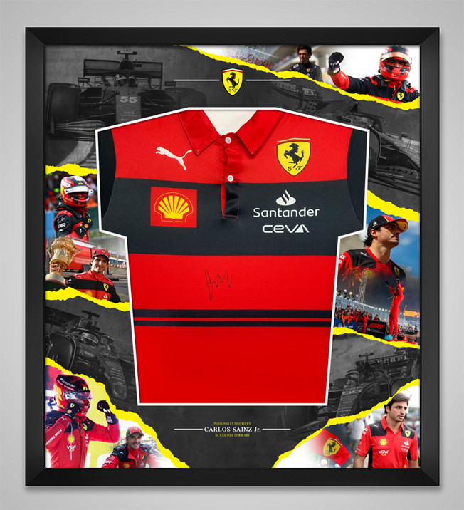 Carlos Sainz Jr. Signed Framed Ferrari Jersey FORMULA 1 AFTAL COA Carlos Sainz Jr. Signed Framed Ferrari Jersey FORMULA 1 AFTAL COA