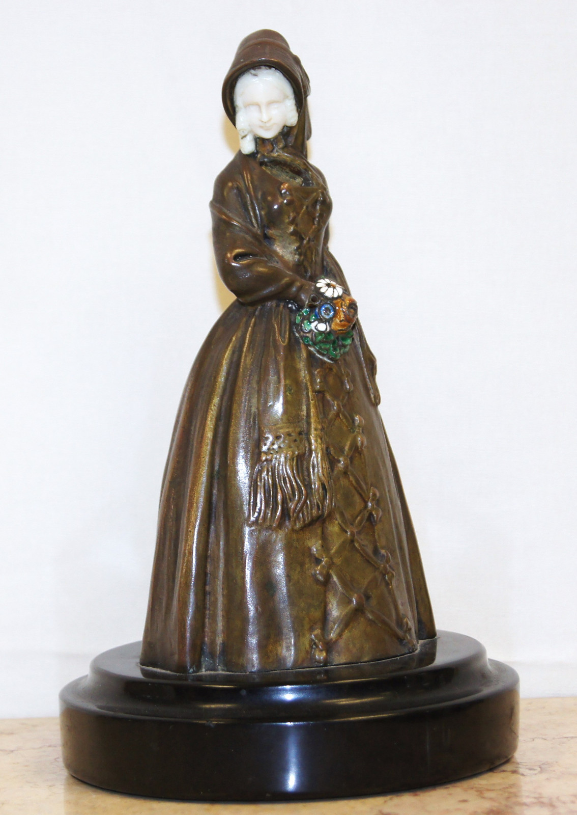 Art Deco Bronze Enamel Flowers & Carved Sculpture Young Lady Emil Meier German