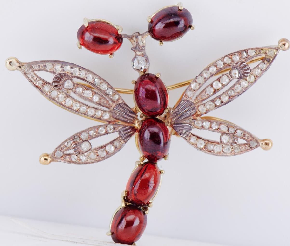 Antique 19th C. Faberge 14k Gold & Silver Dragonfly Brooch 15ct Garnet & Diamond Antique 19th C. Faberge 14k Gold & Silver Dragonfly Brooch 15ct Garnet & Diamond
