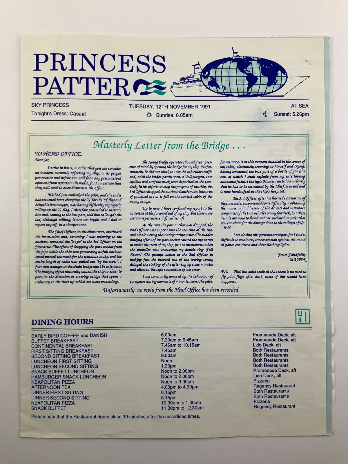 Princess Patter Sky Princess 1991 At Sea Travel Itinerary Activities KK401