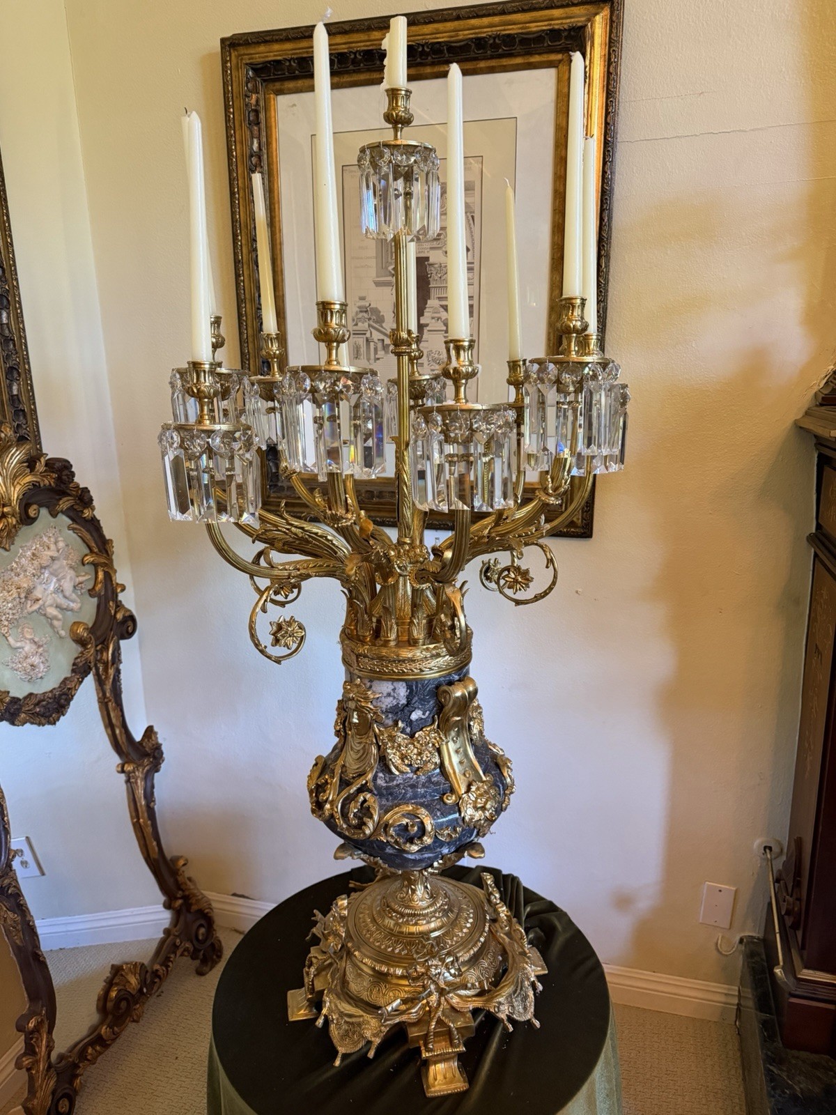 Palace Quality Bronze Candelabra with Crystals Marble Base. Palace Quality Bronze Candelabra with Crystals Marble Base.