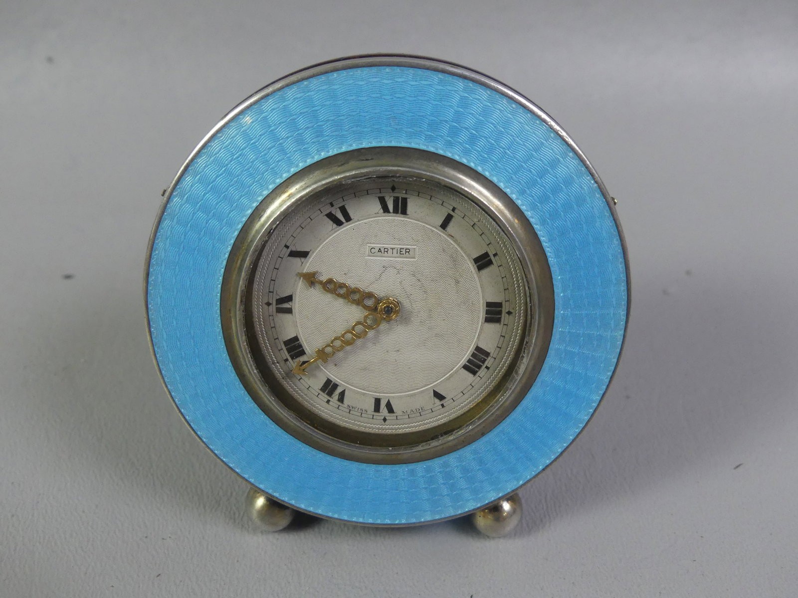Cartier Art Deco Silver Blue Guilloche Enamel Desk Clock 8 Day EW&C Co Swiss Key