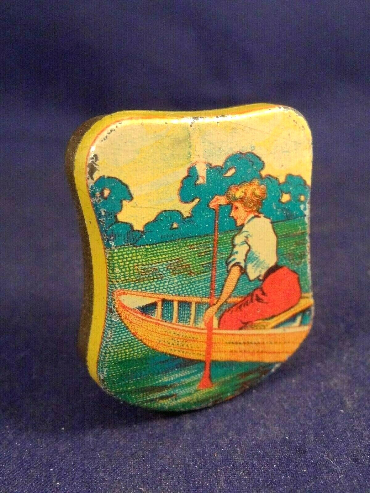 Vintage RARE little tin box advertising FEMINA Sport paddle boat 1910's nibs