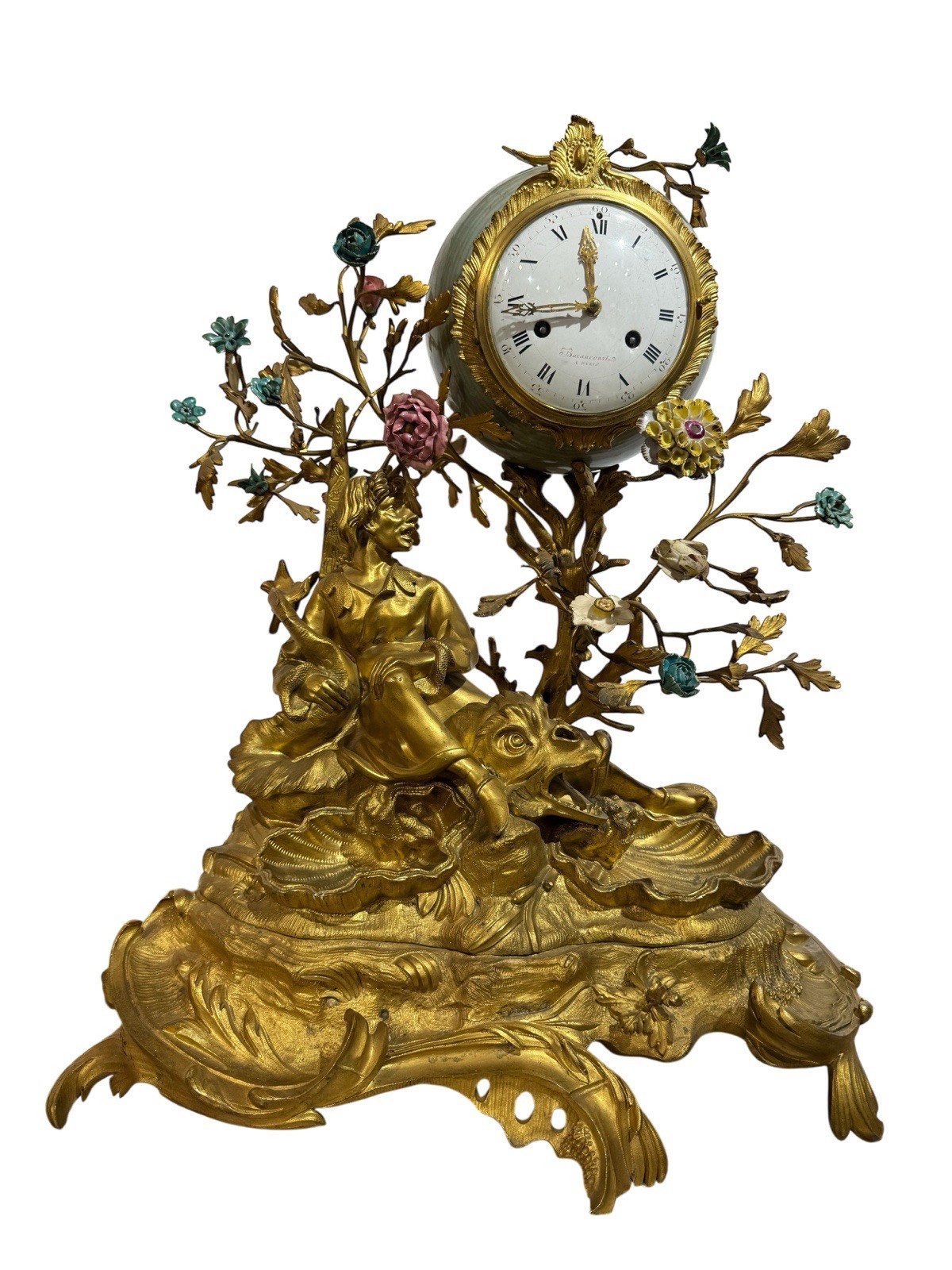 A Magnificent Chinoiserie Gilt Bronze & Porcelain Mantel Clock By Barancourt A Magnificent Chinoiserie Gilt Bronze & Porcelain Mantel Clock By Barancourt