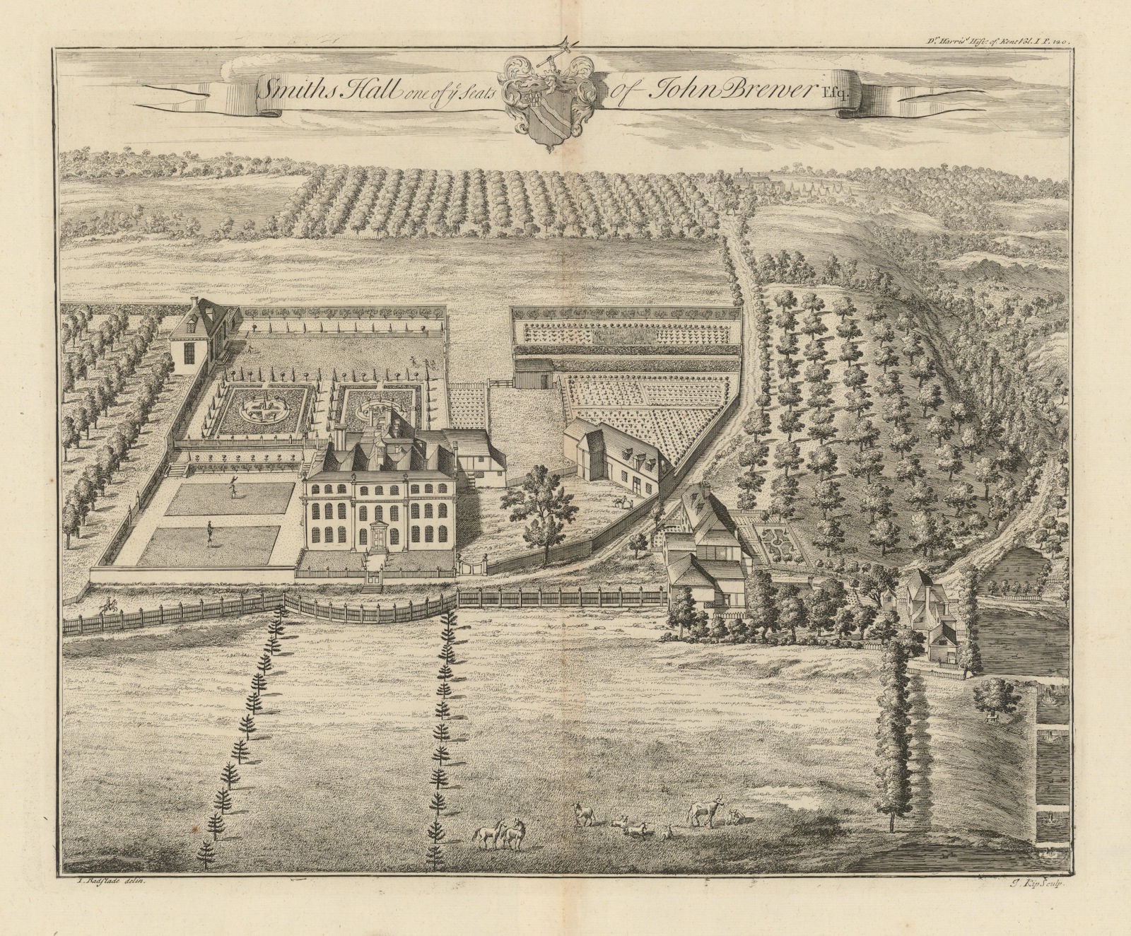 Smith's Hall, Seat of John Brewer Esq.—West Farleigh, Kent—Badeslade & Kip 1719