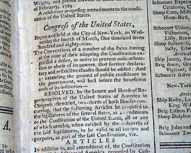 Historic BILL OF RIGHTS United States Constitution AMENDMENTS 1789 Newspaper Historic BILL OF RIGHTS United States Constitution AMENDMENTS 1789 Newspaper
