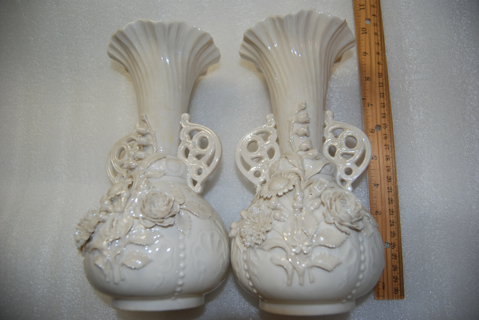 ANTIQUE BELLEEK VICTORIAN PRINCESS PORCELAIN VASES FLOWER ROSES LILY OF VALLEY ANTIQUE BELLEEK VICTORIAN PRINCESS PORCELAIN VASES FLOWER ROSES LILY OF VALLEY