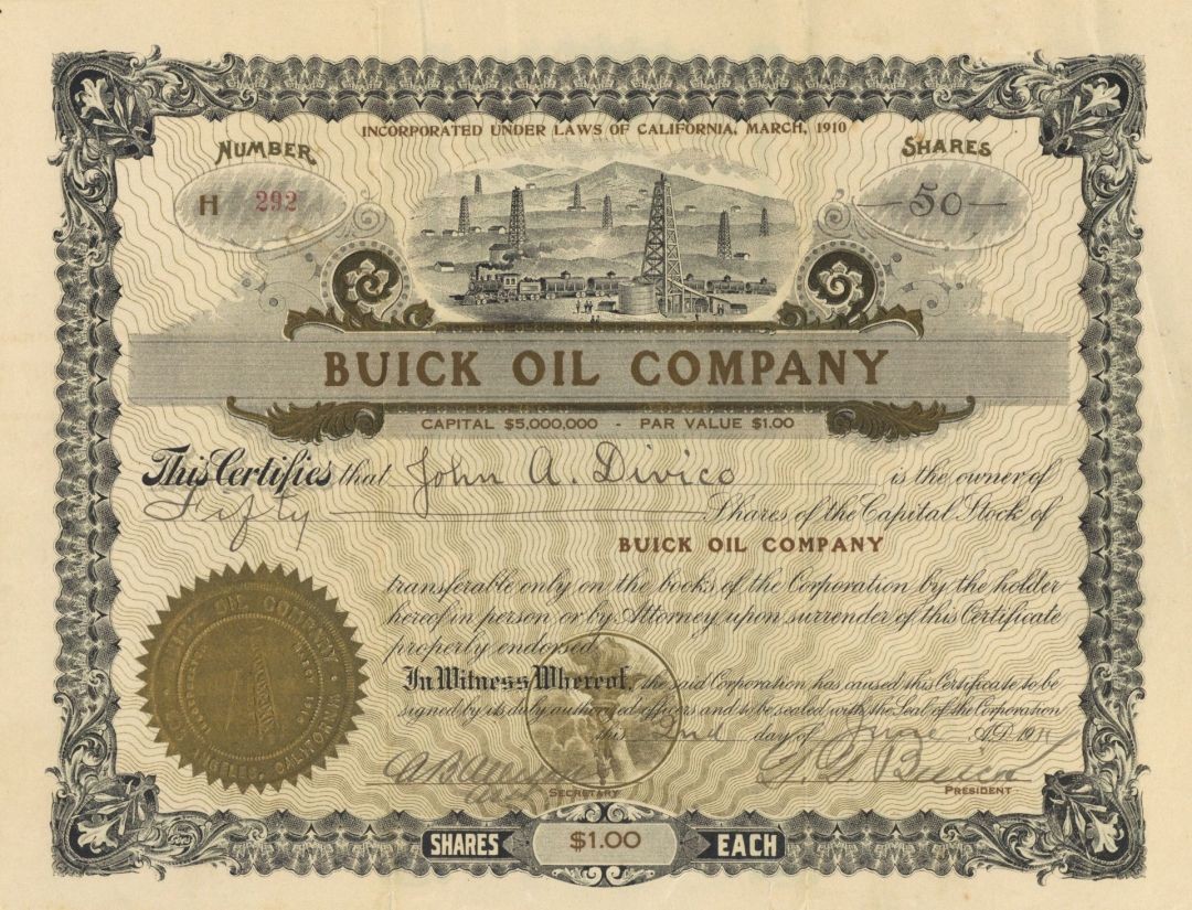 David Dunbar Buick signed Buick Oil Co. - Autograph Stock Certificate - Automo David Dunbar Buick signed Buick Oil Co. - Autograph Stock Certificate - Automo