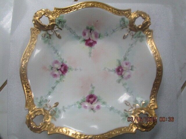 JEAN POUYAT, Limoges, France, c1910s French Roses square bowl [DL60]