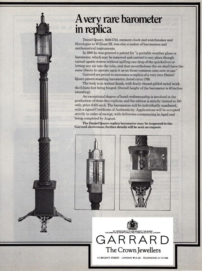 1978 GARRARD/DANIEL QUARE PORTABLE WEATHER GLASS, BAROMETER REPLICA, PRINT AD