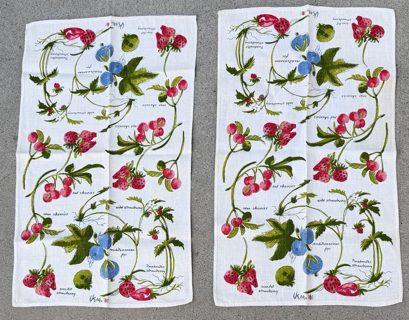 VTG MCM Vera Neumann Set 2 Linen Towels Fruit Cherries Strawberries Figs Kitchen