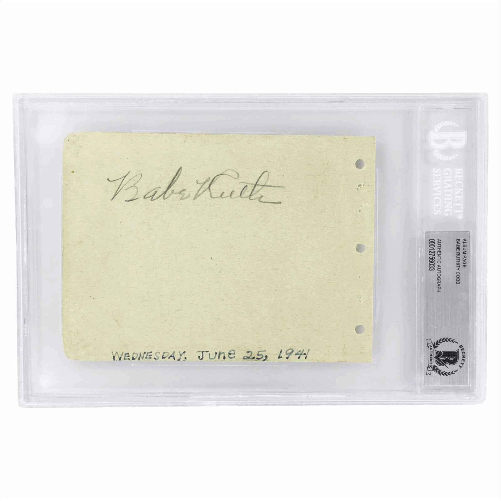 Album Page Babe Ruth / Ty Cobb Beckett Encapsulated Auth. AUTO JSA Cert w/LoA