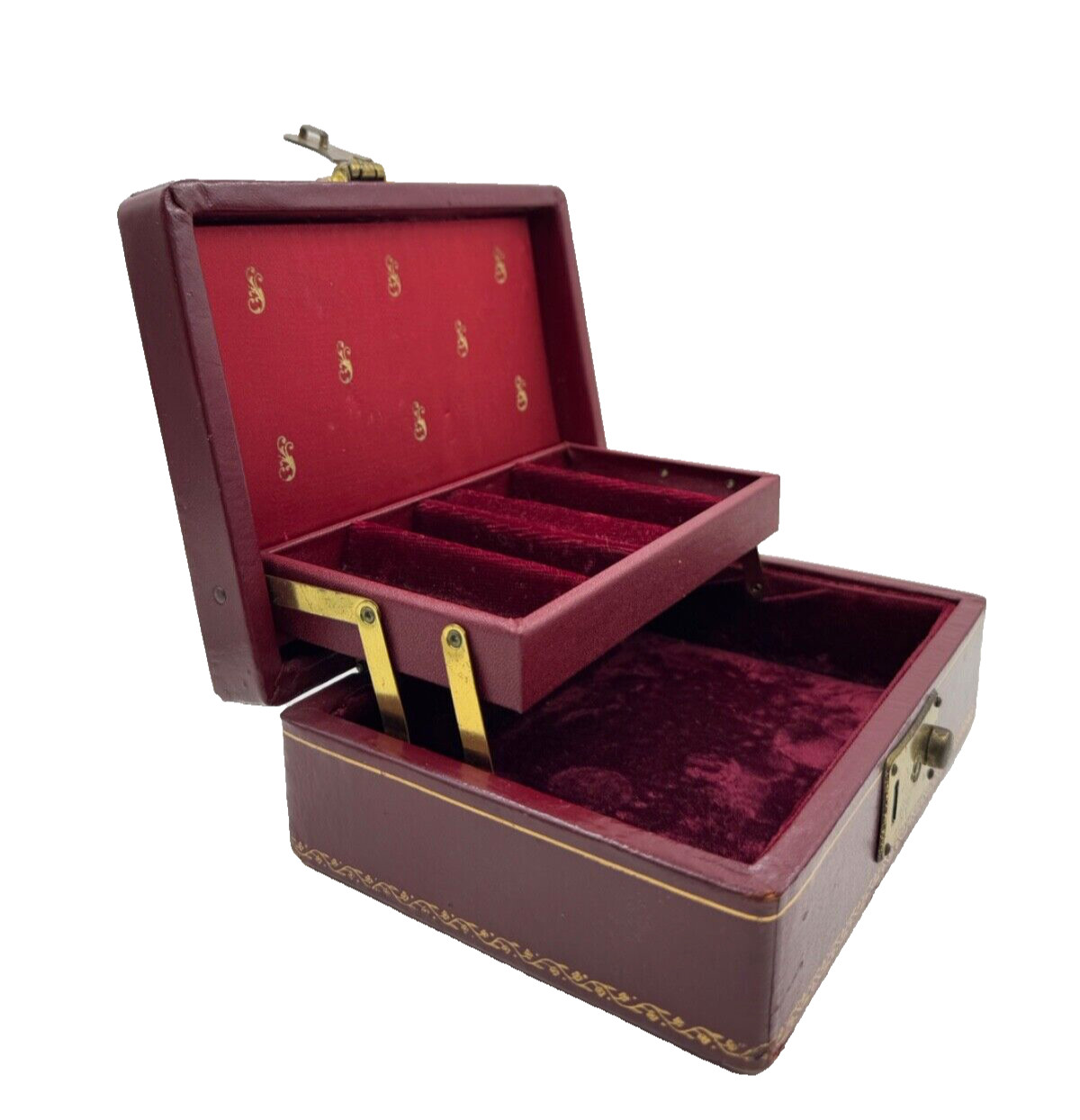 ANTQUE VICTORIAN LRG FRENCH GOLD FLEUR-DE-LIS EMBOSSED LEATHER JEWELRY BOX CHEST