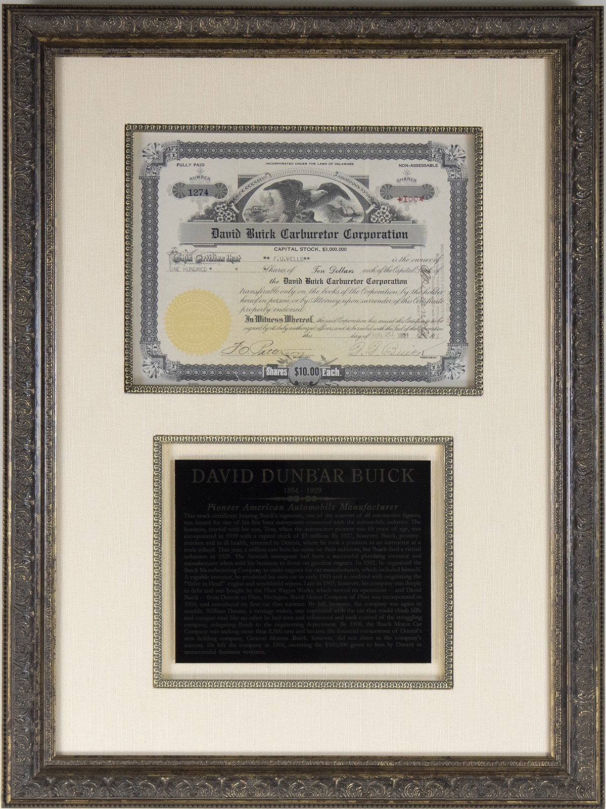 DAVID DUNBAR BUICK - STOCK CERTIFICATE SIGNED 08/20/1921