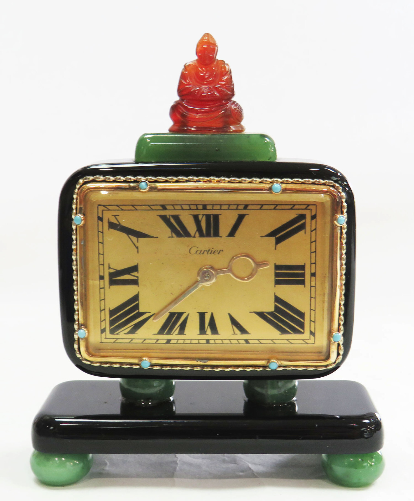 RARE CARTIER DECO ERA RED & GREEN JADE 18K GOLD CLOCK WITH CARTIER DOCUMENTS RARE CARTIER DECO ERA RED & GREEN JADE 18K GOLD CLOCK WITH CARTIER DOCUMENTS