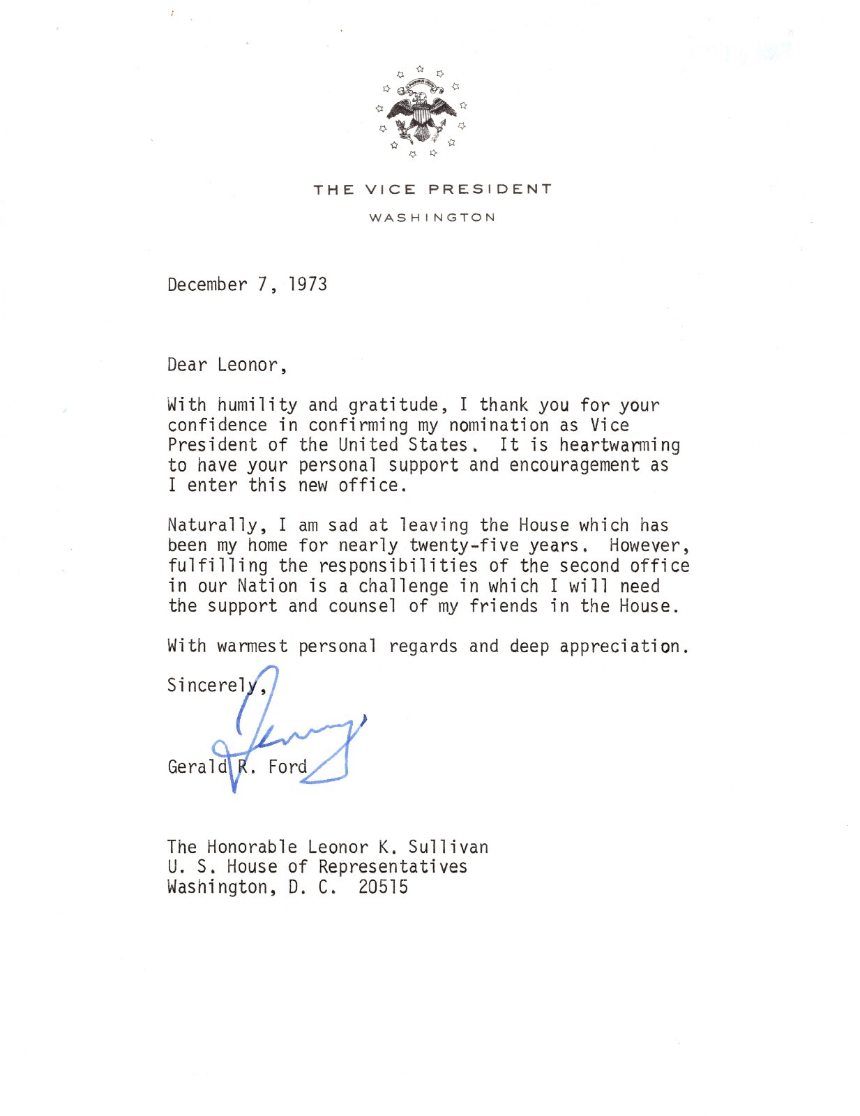 Gerald Ford Letter Signed - Thanks Congress for Confirming Him to Vice President