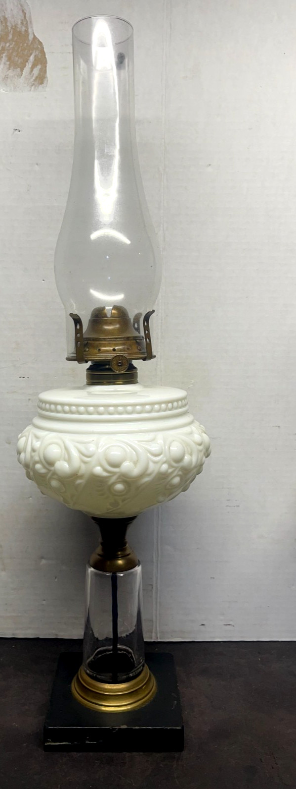 ANTQUE Oil Lamp 1860 Venus Burner WHITE EMBOSSED  Font on Marble Base