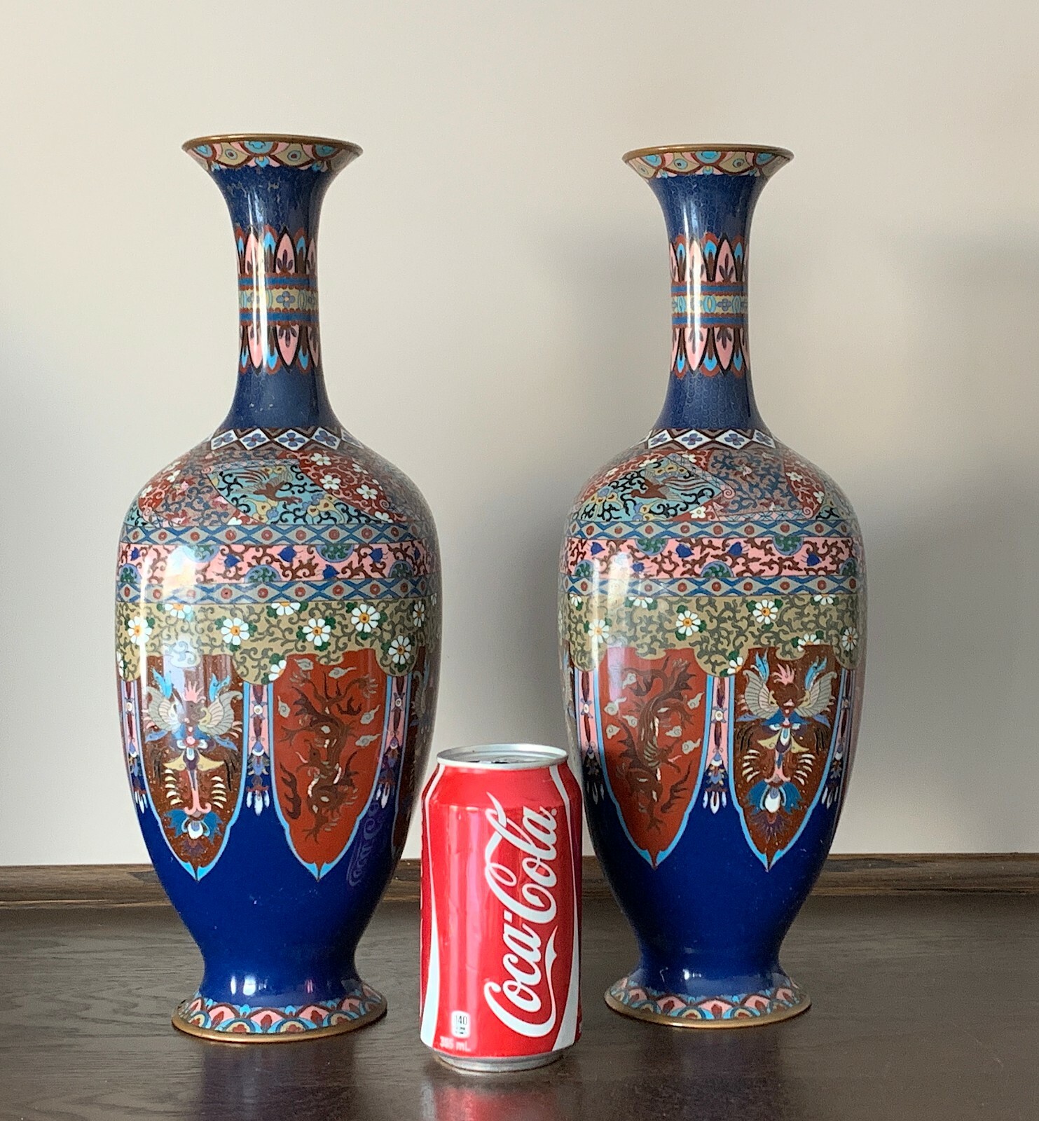 Huge Pair of Japanese cloisonne vases, Meiji period hexagonal, 37.5cm;  333