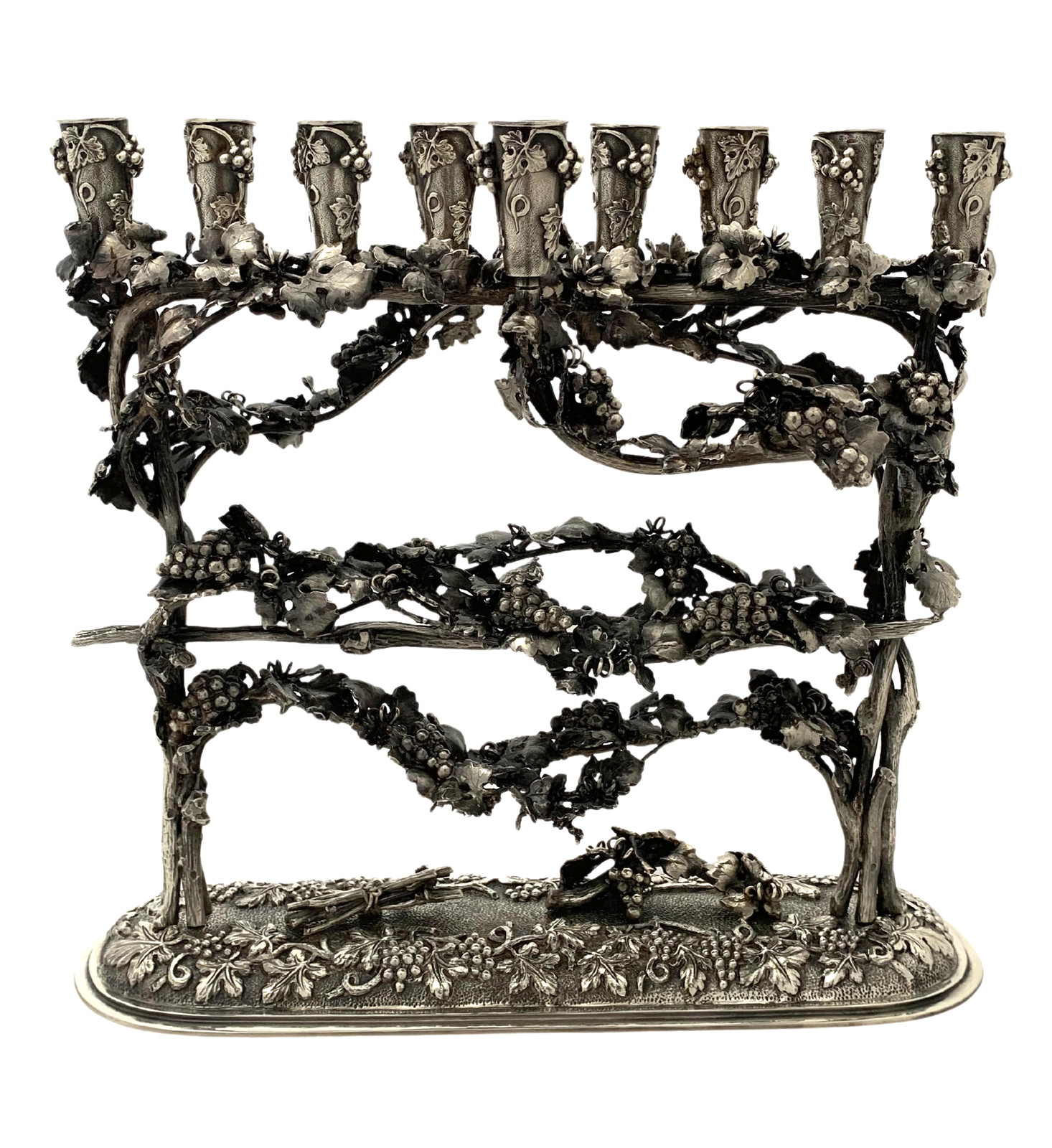 ITALIAN 925 STERLING SILVER HANDMADE HEAVY GRAPE & LEAF APPLIQUE ORNATE MENORAH ITALIAN 925 STERLING SILVER HANDMADE HEAVY GRAPE & LEAF APPLIQUE ORNATE MENORAH