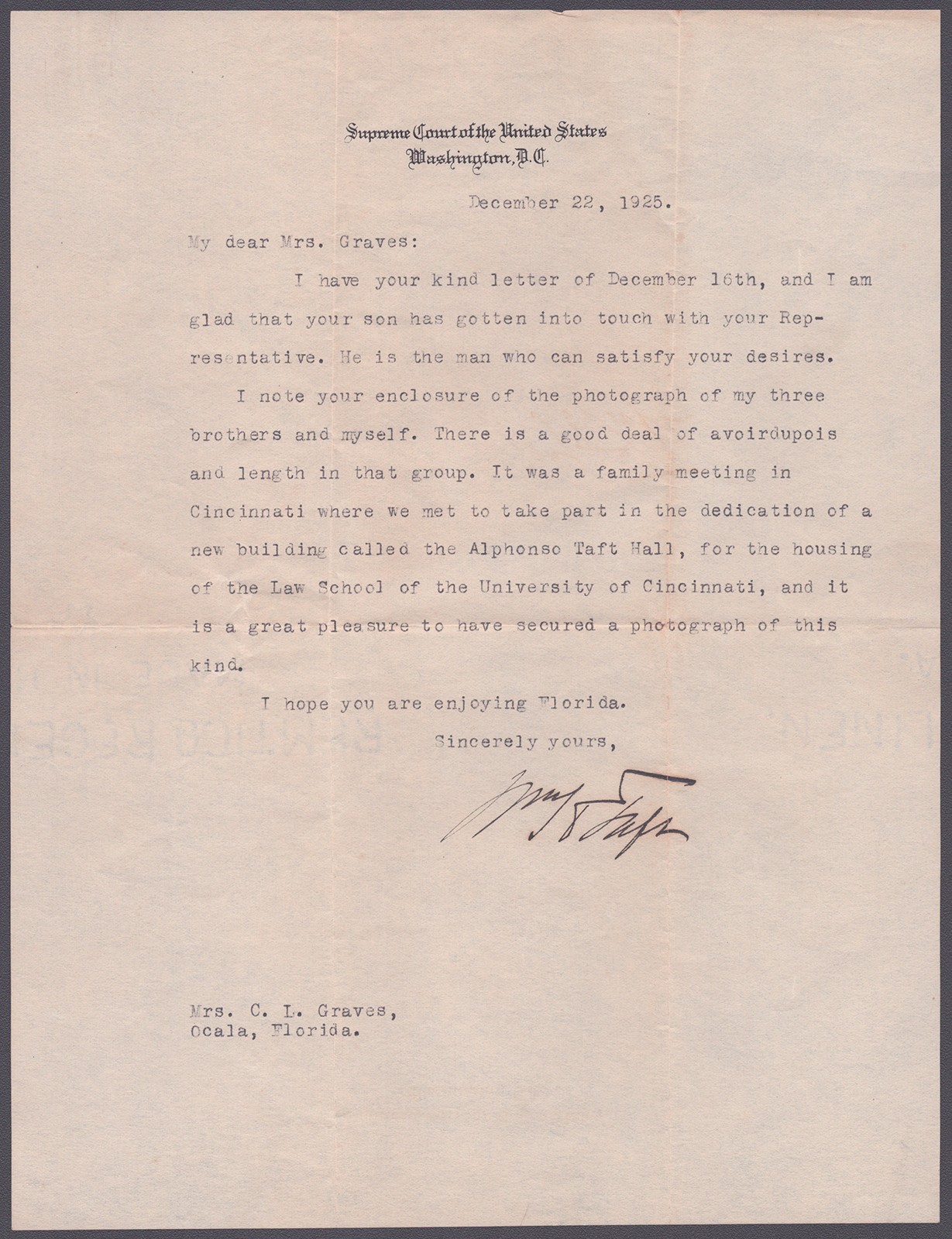 WILLIAM H. TAFT - TYPED LETTER SIGNED 12/22/1925