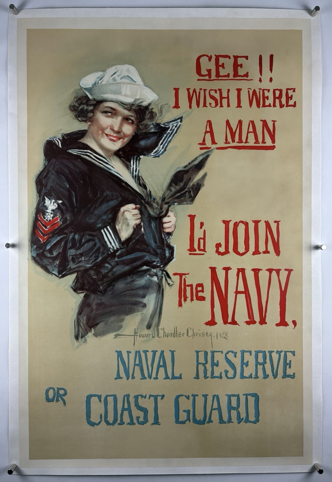GEE I WISH I WERE A MAN I'D JOIN NAVY On Linen War Bond Poster WW1 COAST GUARD