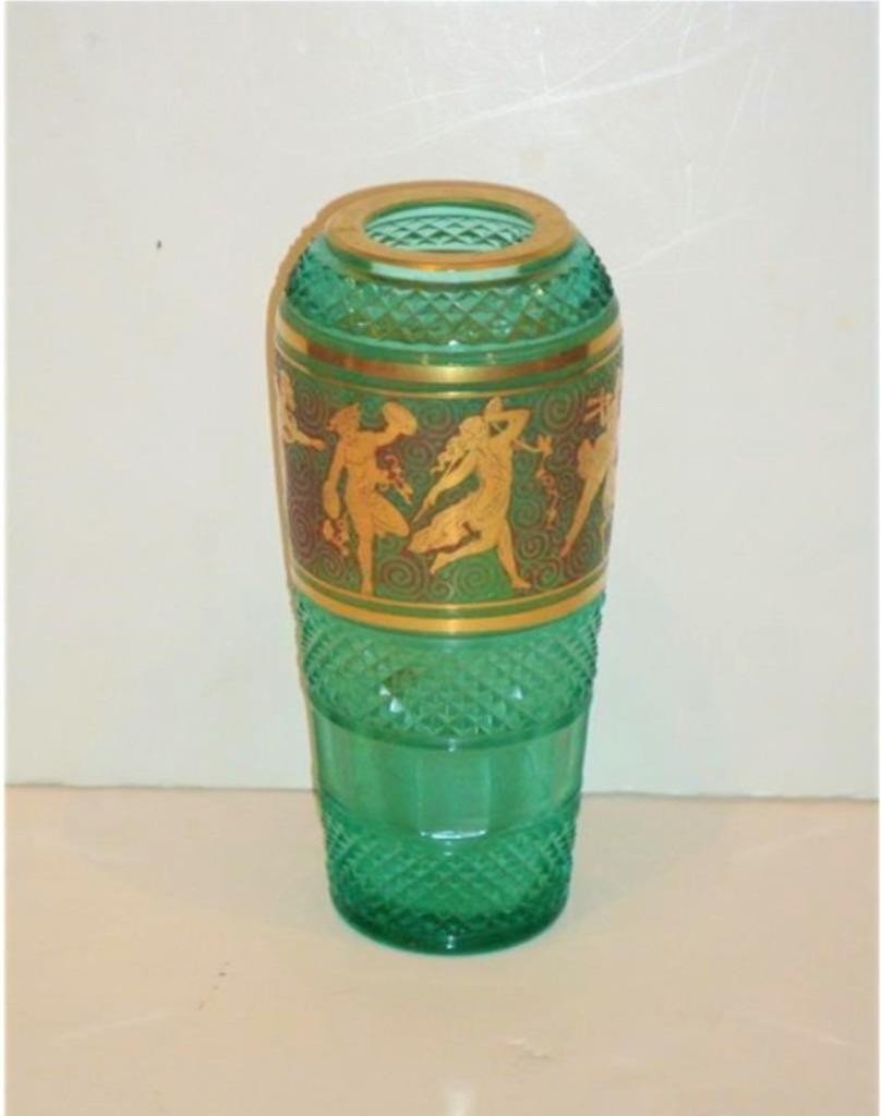 50% CLEARANCE $3600 ANTIQUE CZECH EUROPEAN EMERALD GLASS & GOLD FACET VASE