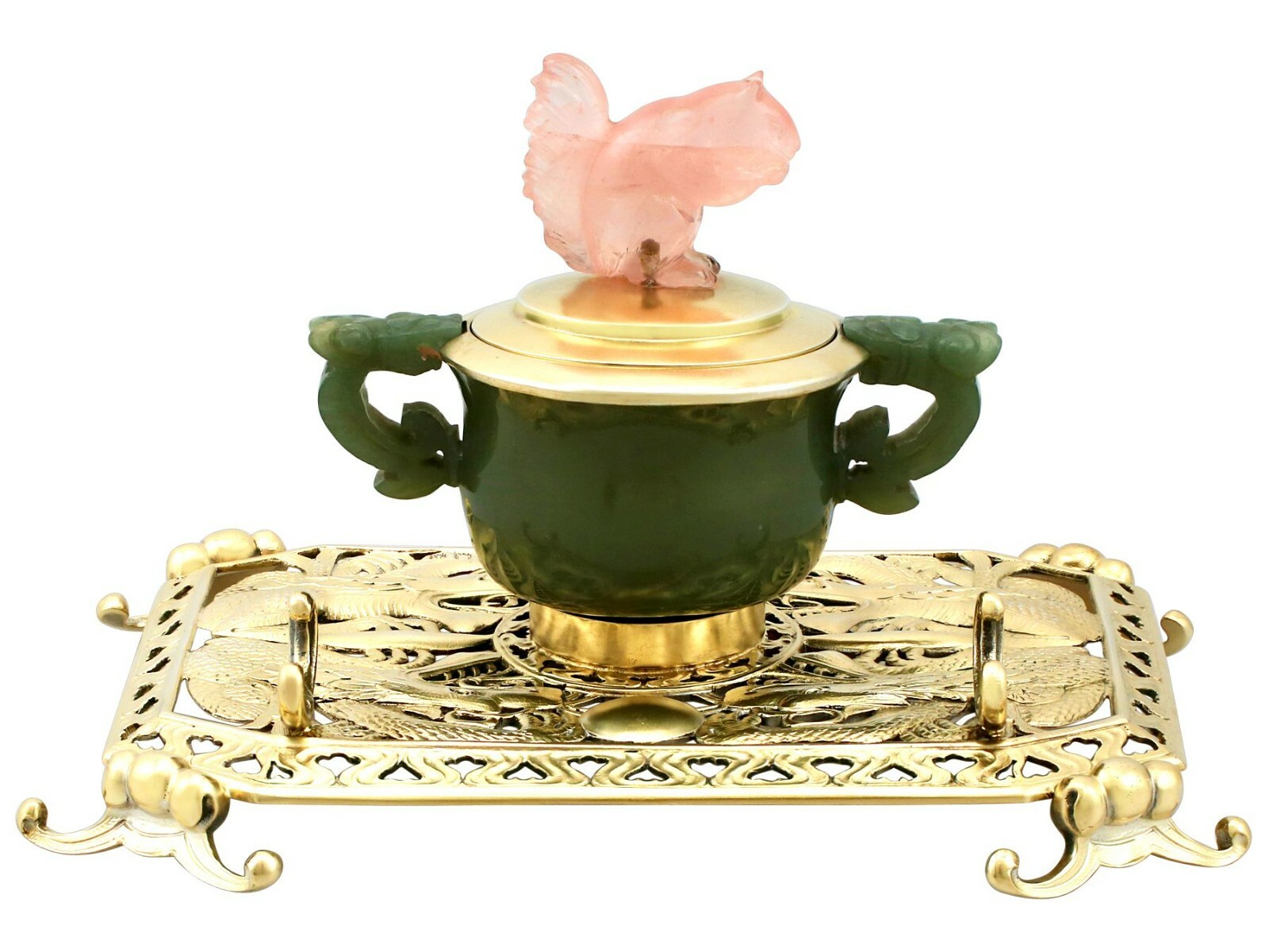 Antique George V Sterling Silver Nephrite and Rose Quartz Inkstand 1926