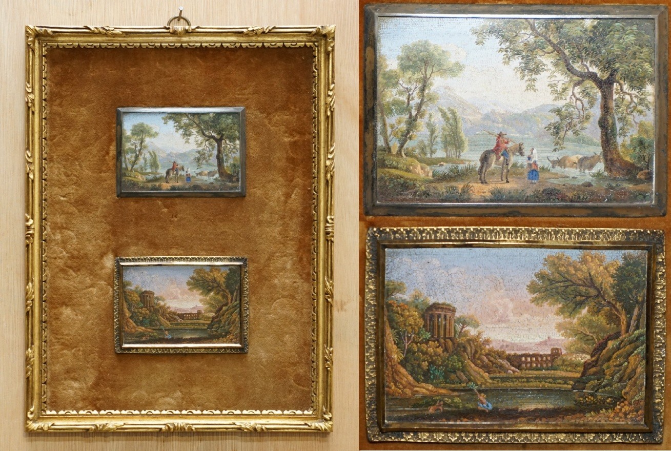 PAIR OF FINE & COLLECTABLE ANTIQUE CIRCA 1820 ITALIAN ROME MICROMOSAIC PLAQUES