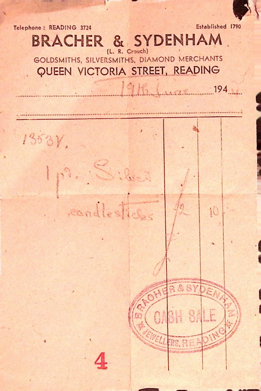 Bracher & Sydenham Reading UK Goldsmith Invoice Receipt 1946 Silver Candlesticks