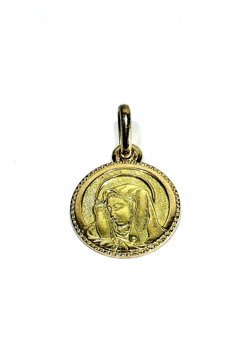 Elegant French Antique 18K Yellow Gold Virgin Mary Medal Hallmarked 750 20thC