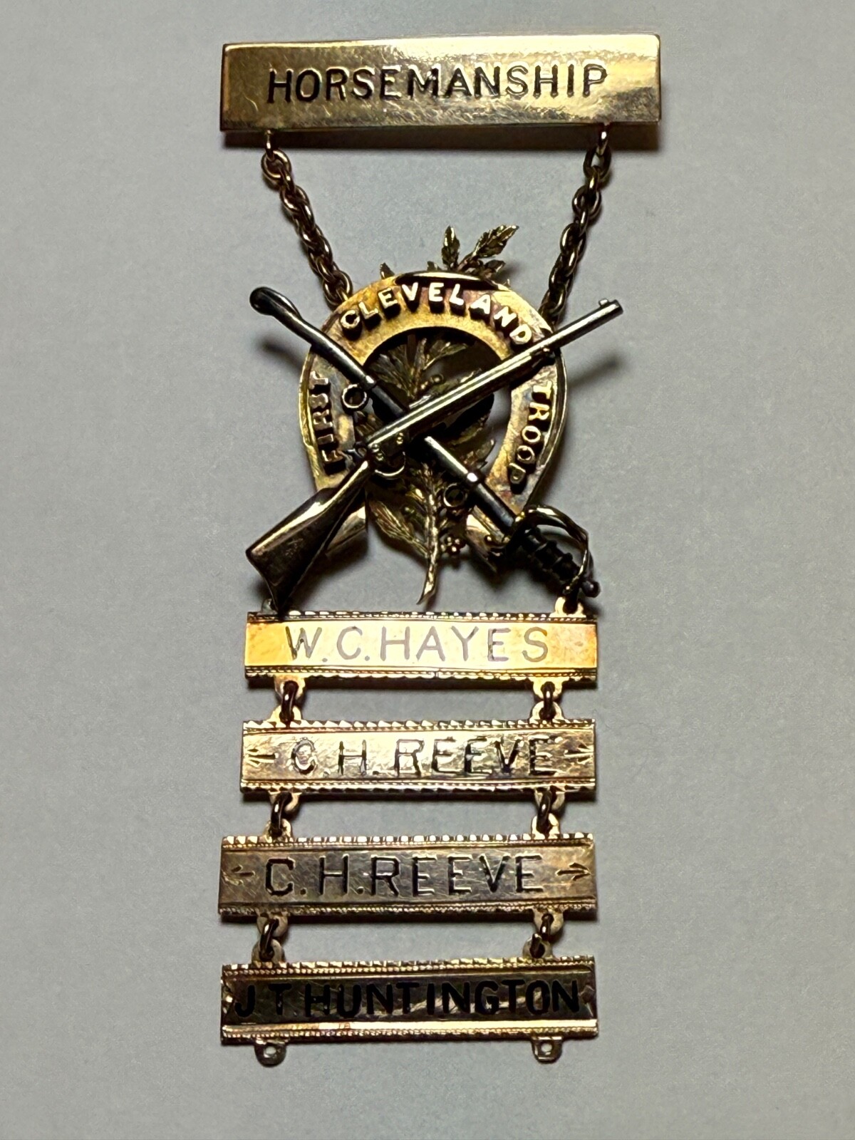 1885-94, 1st CLEVELAND TROOP, HORSEMANSHIP BADGE, 14K GOLD, NAMED, MOH 1885-94, 1st CLEVELAND TROOP, HORSEMANSHIP BADGE, 14K GOLD, NAMED, MOH