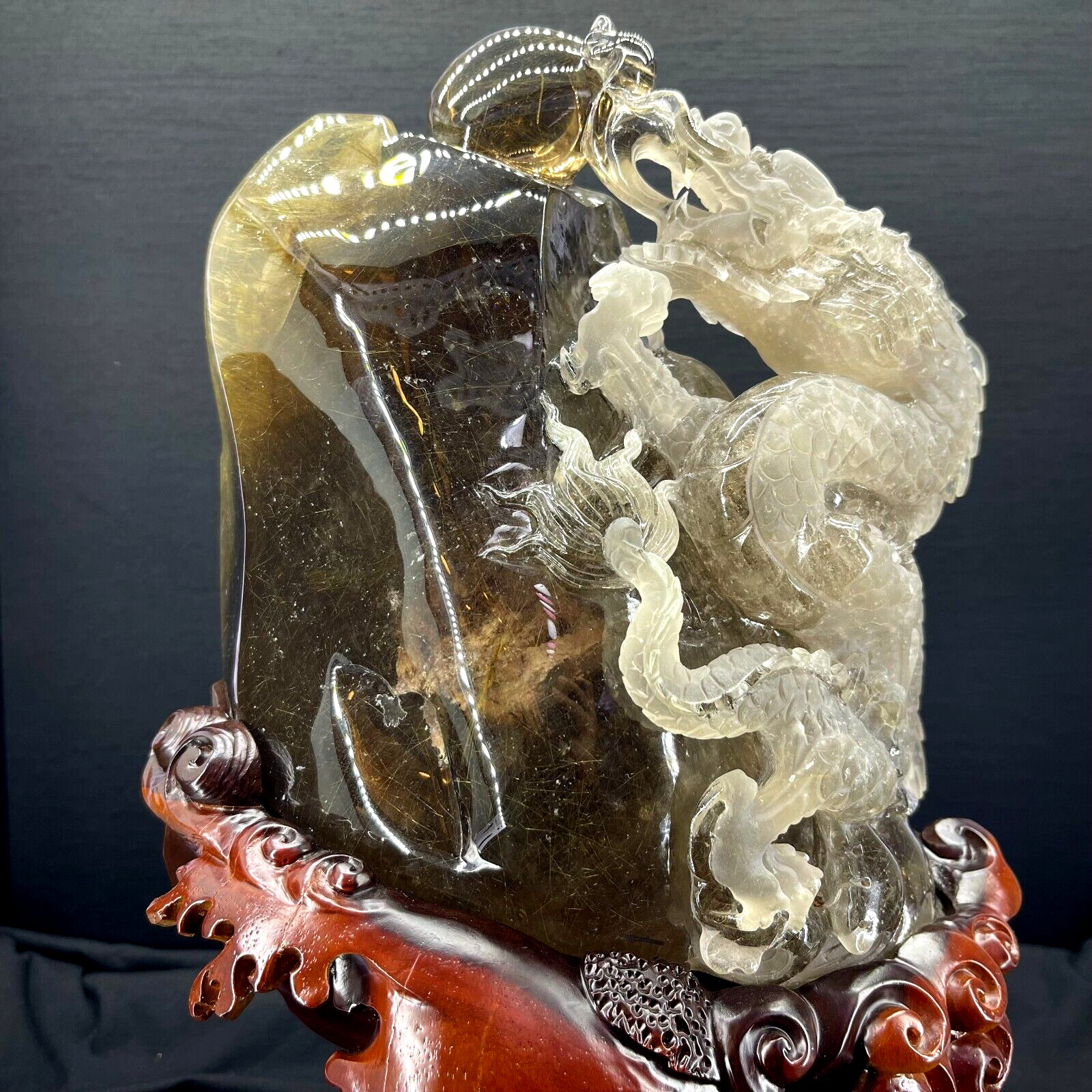 22.55LB TOP Natural smoky Hair crystal quartz hand carved crystal dragon+stand