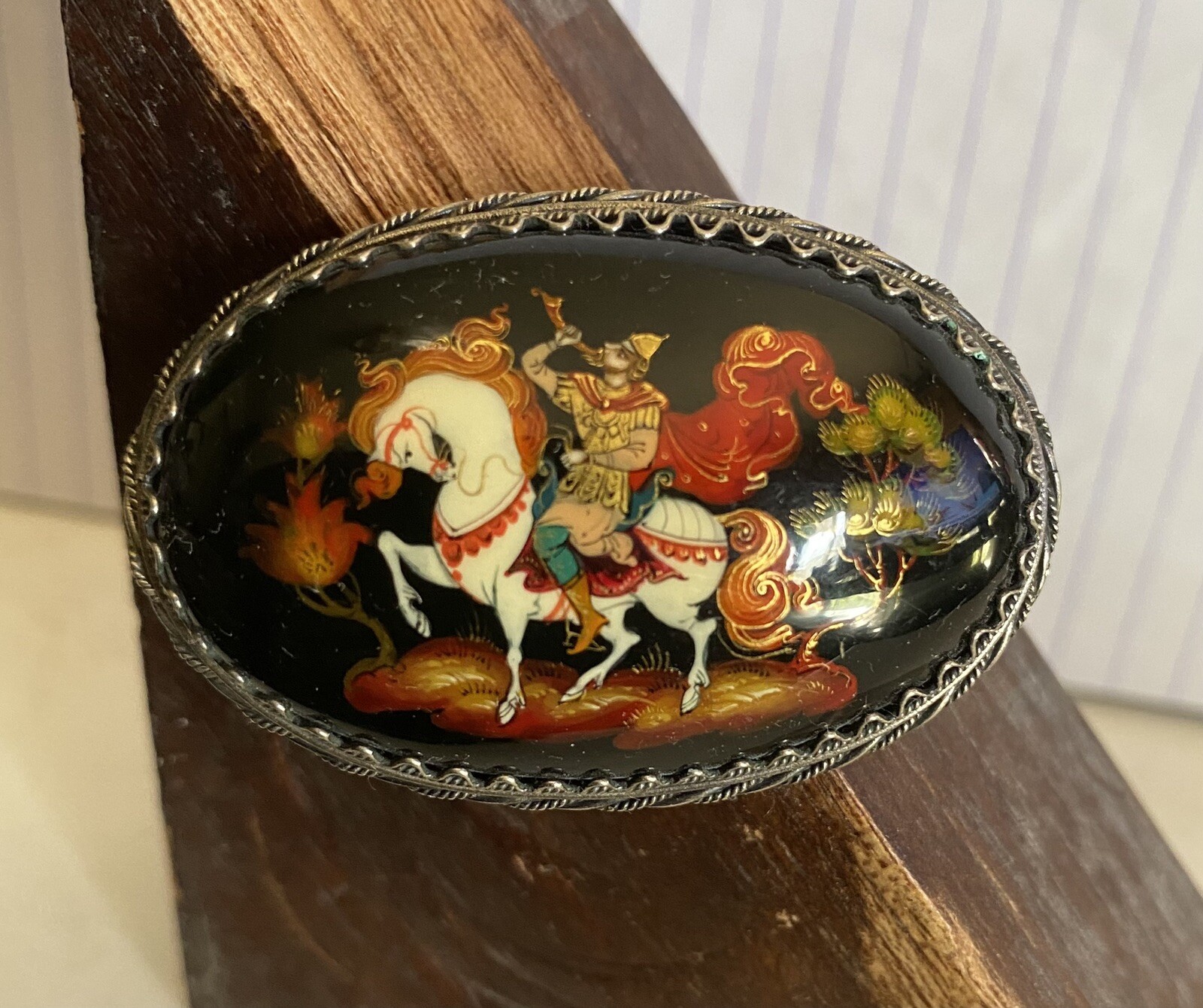 Hand-painted Black Lacquer Miniature~Brooch made in Russian Folk/Palekh Style Hand-painted Black Lacquer Miniature~Brooch made in Russian Folk/Palekh Style