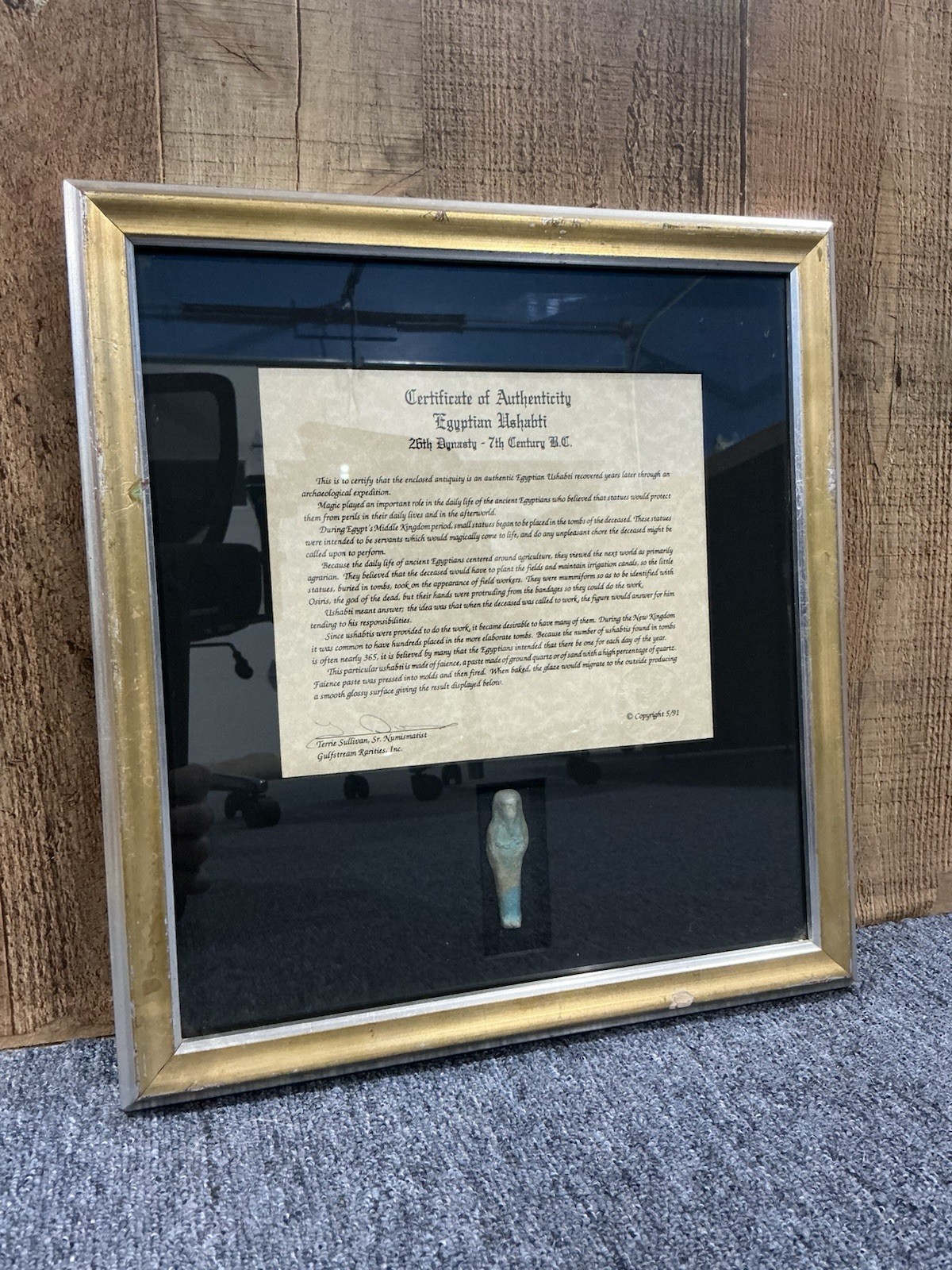 Original 26th Dynasty 7th Century Egyptian Blue Ushabti Frame With COA