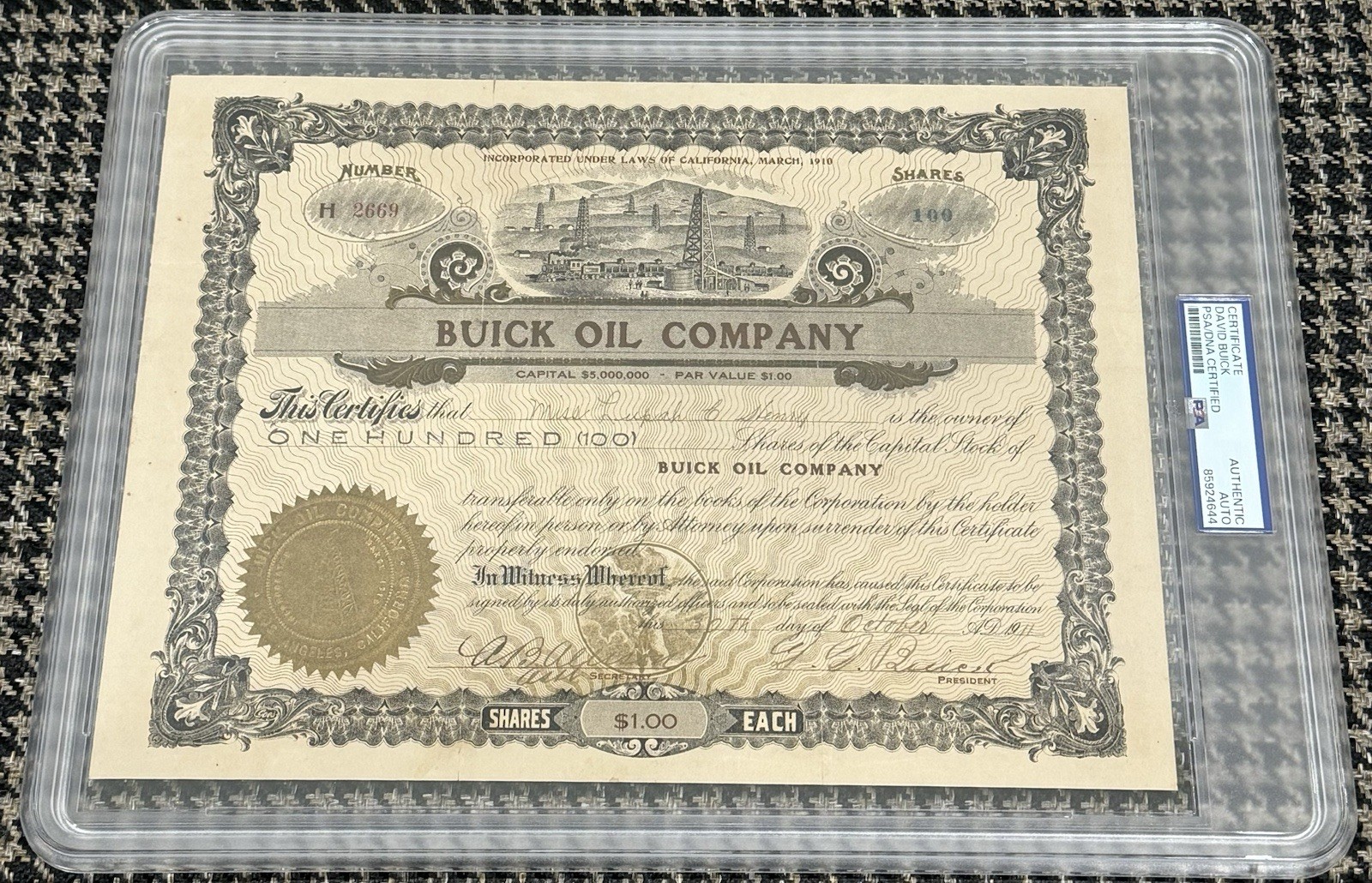 David Dunbar Buick Signed Autograph Buick Oil Co. Stock Certificate PSA/DNA David Dunbar Buick Signed Autograph Buick Oil Co. Stock Certificate PSA/DNA