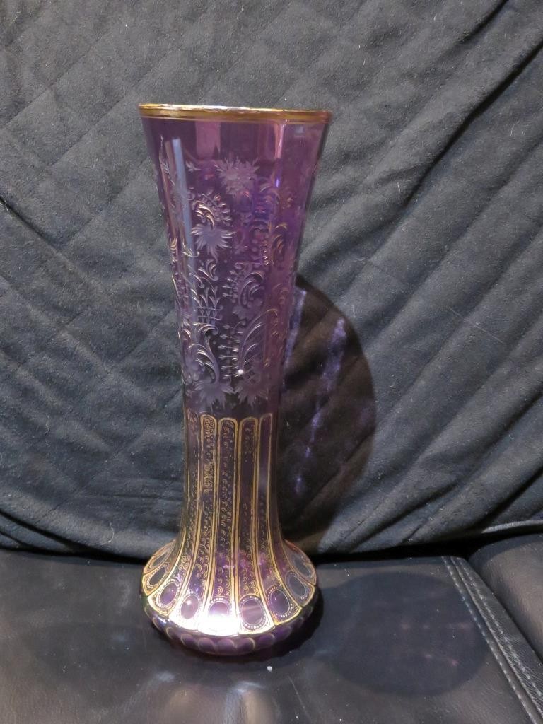 50% CLEARANCE $3000 IMPORTANT EARLY 1900S FRENCH AMETHYST DEEP CUT ETCHED VASE