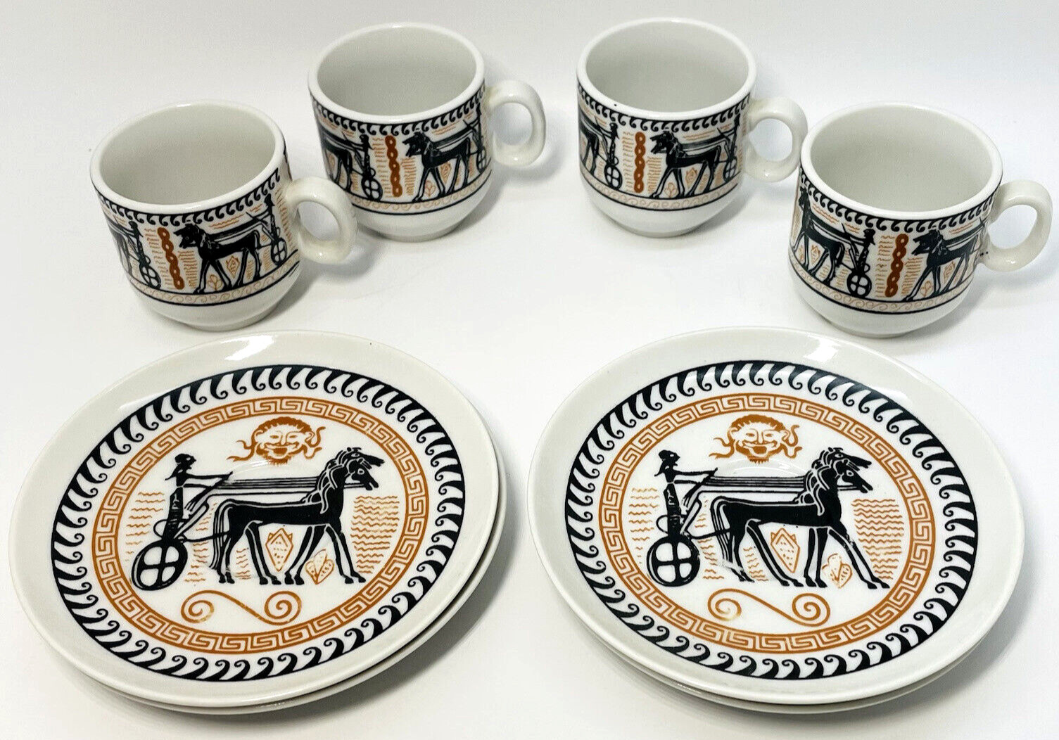 Greece/Hellas G.C.H.I. Porcelain Espresso 4 Cups and 4 Saucers Chariots & Horses