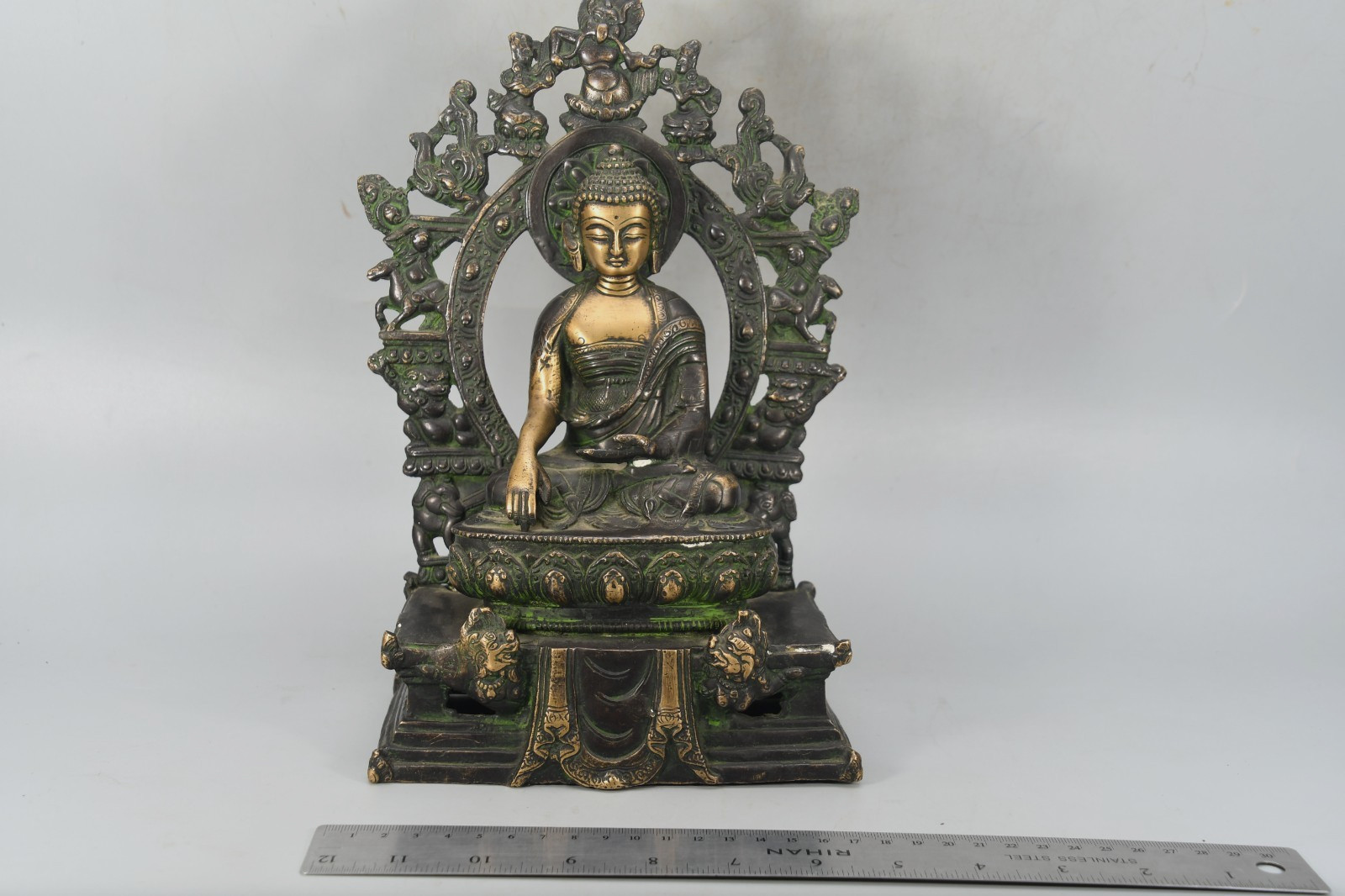 Antique Bronze Shakyamuni Buddha Statue Bhumisparsha Mudra Altarpiece Torana