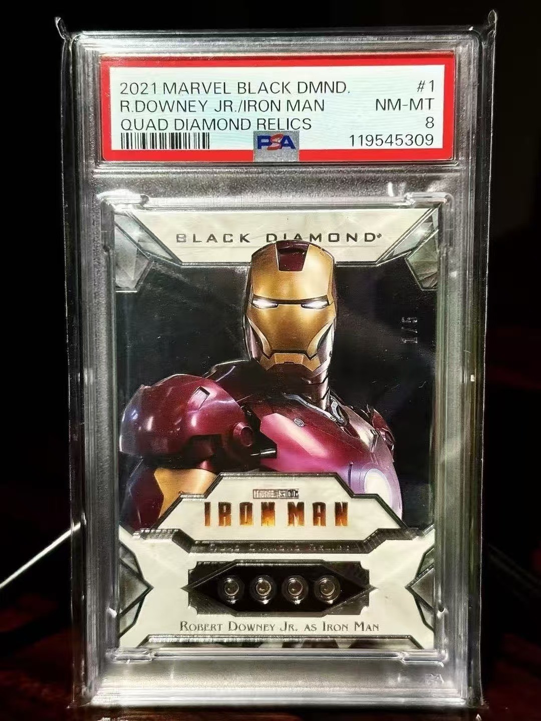 2021 Upper Deck Marvel Black Diamond Quad Diamond Relics Iron Man /5 psa 8 2021 Upper Deck Marvel Black Diamond Quad Diamond Relics Iron Man /5 psa 8