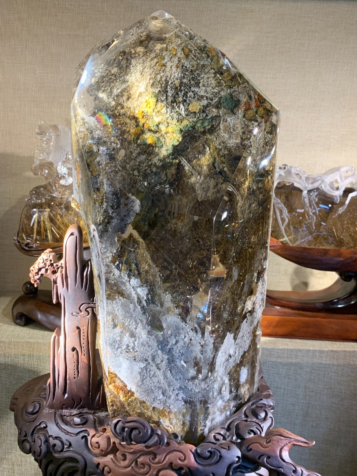 20LB TOP Natural Coloured phantom Ghost quartz carved crystal specimen+stand 20LB TOP Natural Coloured phantom Ghost quartz carved crystal specimen+stand