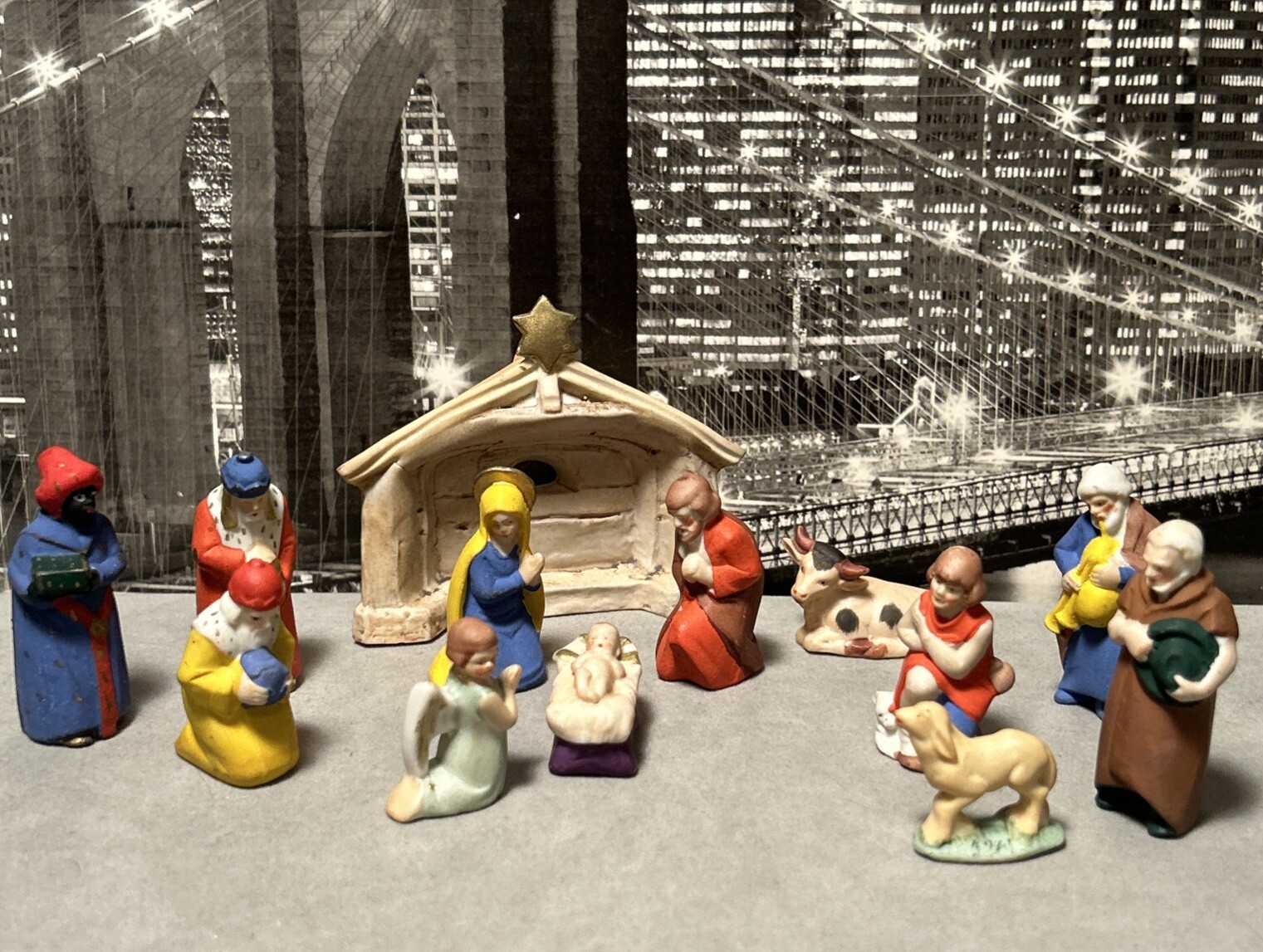 Hand Painted Miniature Nativity Set Star of David Manger Vintage 1930s Germany