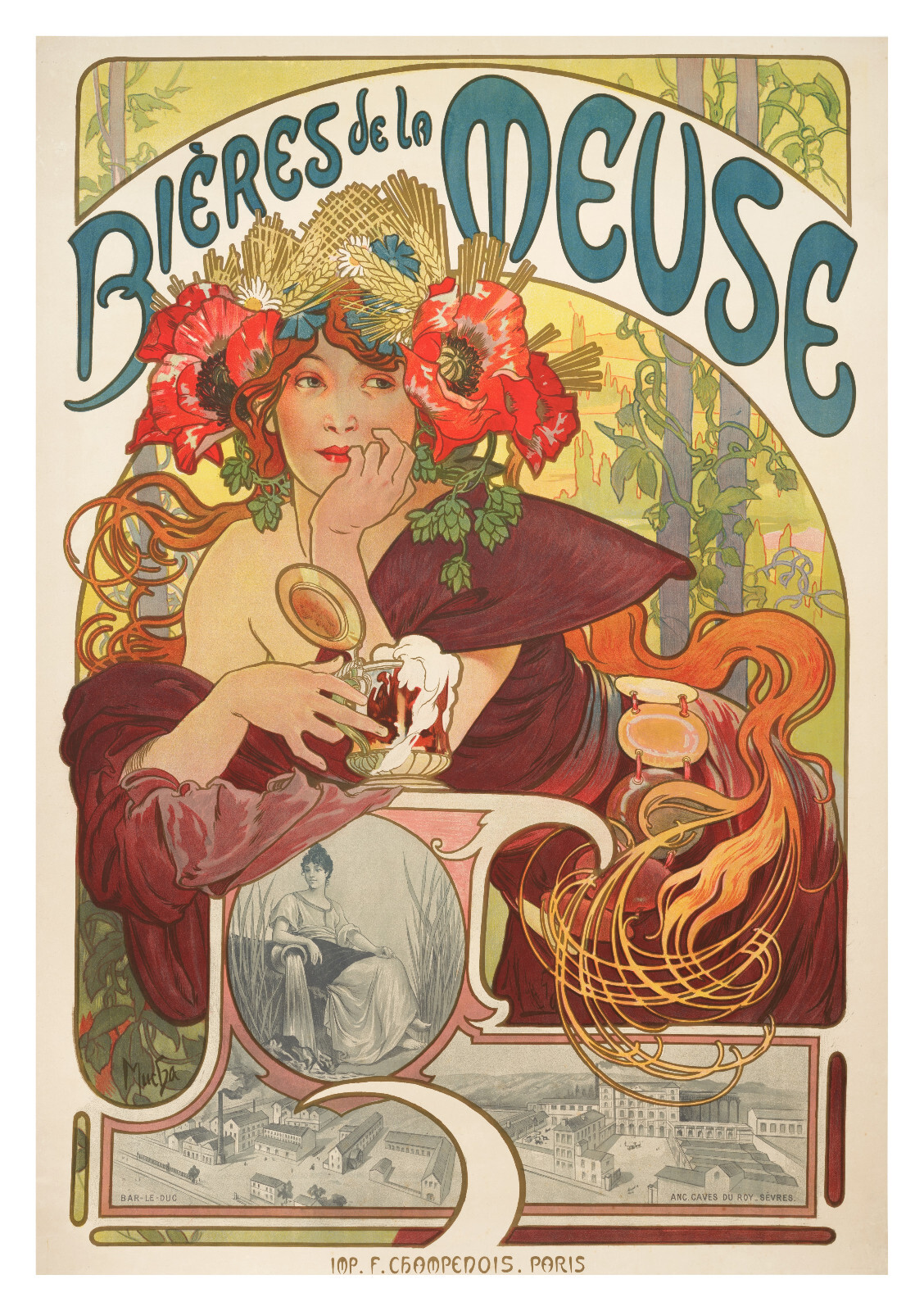 Original Art Nouveau Poster, A. Mucha, Meuse Beer, Belle Epoque, 1897 Original Art Nouveau Poster, A. Mucha, Meuse Beer, Belle Epoque, 1897