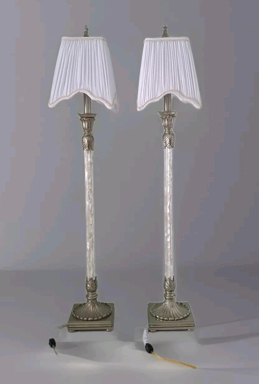 MCM, 2 Maitland Smith Candlestick Buffet Table Lamps, mother pearl, 36”