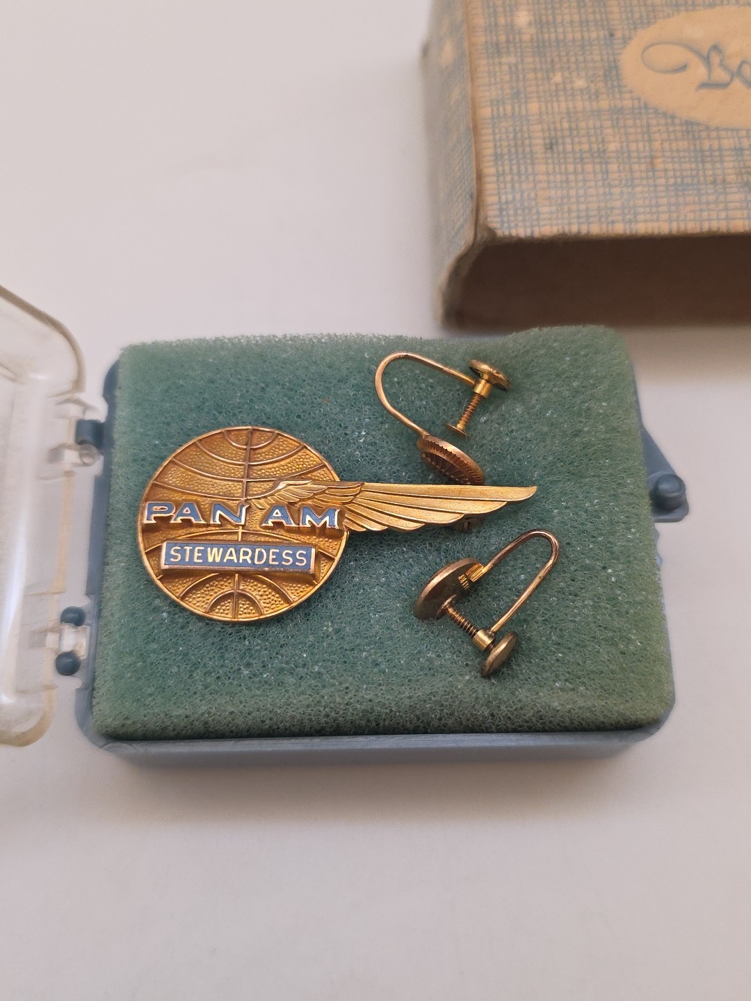 Pan Am Airways (PAA) Stewardess Badge & Earrings 10K by Balfour New Old Stock Pan Am Airways (PAA) Stewardess Badge & Earrings 10K by Balfour New Old Stock
