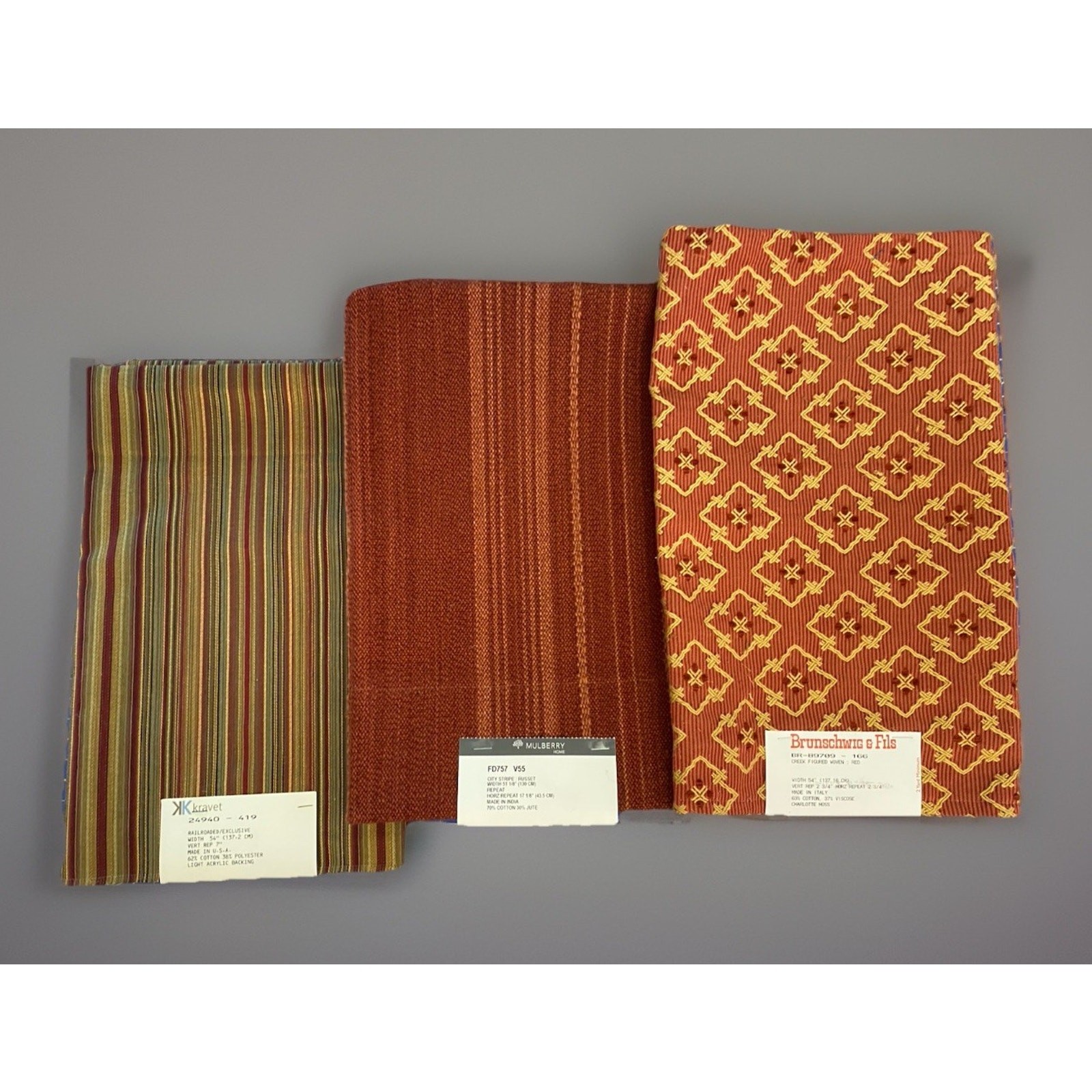 3 Brunschwig Fils Kravet Stripes Coordinate Burnt Orange Brocade Fabric Samples 3 Brunschwig Fils Kravet Stripes Coordinate Burnt Orange Brocade Fabric Samples